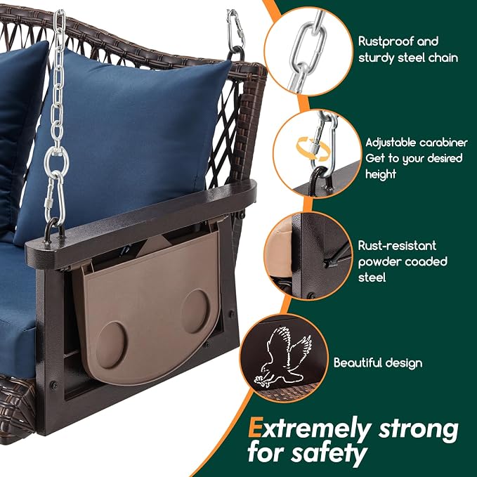Upgraded Wicker Hanging Porch Swing Heavy Duty 900 LBS 3-Seat Outdoor Patio - Image 5