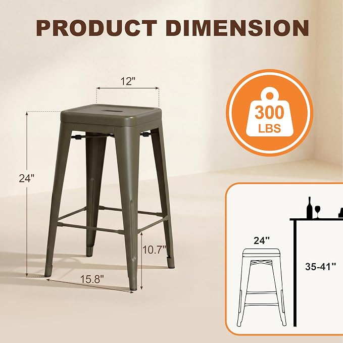 Shahoo 24 Inches Metal Bar Stools Counter Height Stackable Backless Stools - Image 3