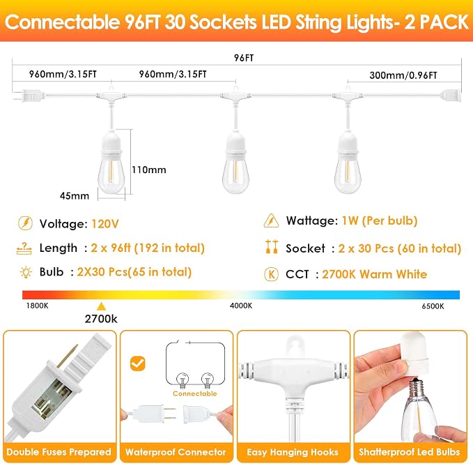 Mlambert 2 Pack 96FT Outdoor String Lights - Image 6