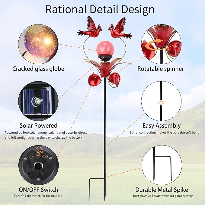 VCUTEKA Cardinal Solar Lights Outdoor Metal Garden Stake Waterproof Crackle - Image 7