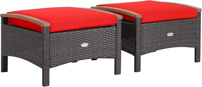 Tangkula 2 Piece Patio Rattan Ottomans, Outdoor Wicker Footstool w/Acacia Wood by TANGKULA