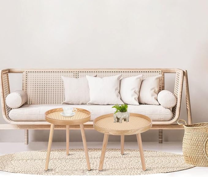 Round Coffee Table Set of 2, Natural Boho Coffee Tables, Small Mid Century - Image 2