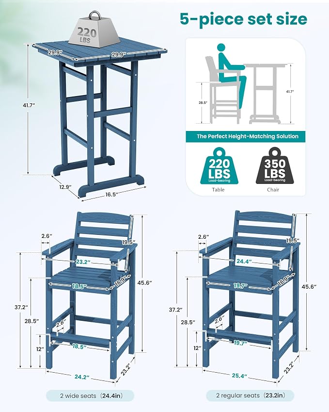 SERWALL 5-Piece Adirondack Bar Chair Set, HDPE Adirondack Barstools - Image 4