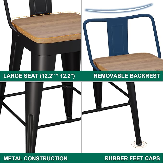 WENTMENT Bar Stools Set of 2 Counter Height Metal Barstools - Image 3