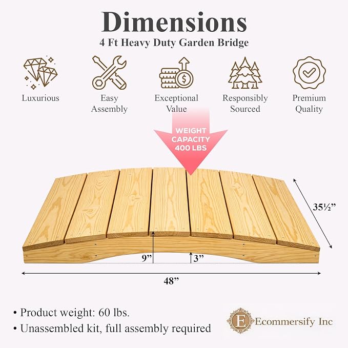 4 FT NATURAL Amish Made Pinewood Heavy Duty Garden Bridge - Image 2