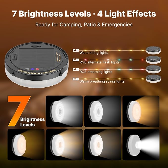 OGERY Solar Camping String Lights, 5400mAh/ 49.2FT/ 11 Modes Rechargeable - Image 3
