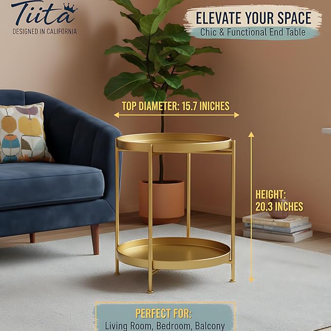 Tiita Round End Table Mental 2-Tier Side Table Nightstand/Small Iron Tables - Image 3