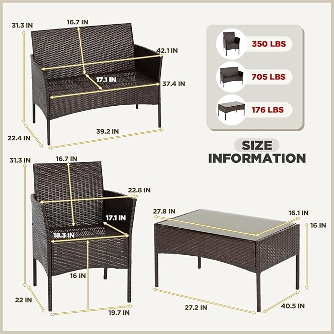 FDW | 4-Piece Patio Furniture Set | Brown & Blue | Outdoor Wicker Furniture - Image 2