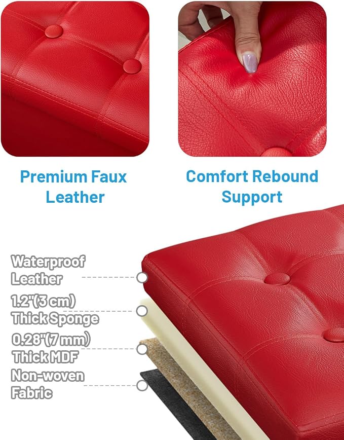 AmasSmile Red Storage Ottoman Folding Foot Rest Stool - Image 6