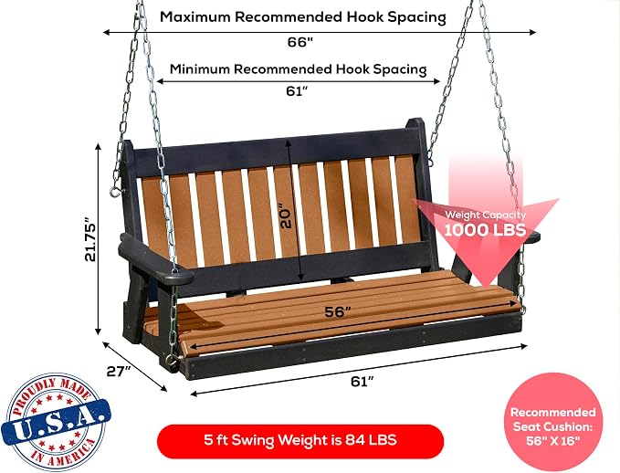 Mission Poly Lumber Wood 5FT Porch Swing Amish Craftsmandship Made in USA HDPE - Image 2