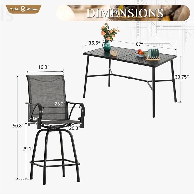 Sophia & William Outdoor Bar Set, Patio Bar Table and Chairs Set, Bar Height - Image 6