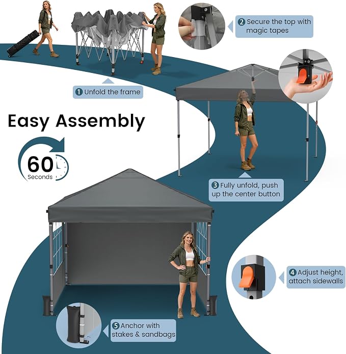 Pop Up Canopy Tent with Sidewalls, 10x10ft 10 Person Party Tent One Push Setup - Image 4