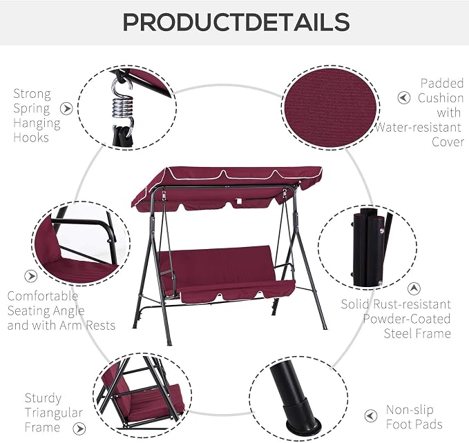 Outsunny 3-Seat Outdoor Patio Swing Chair - Image 6