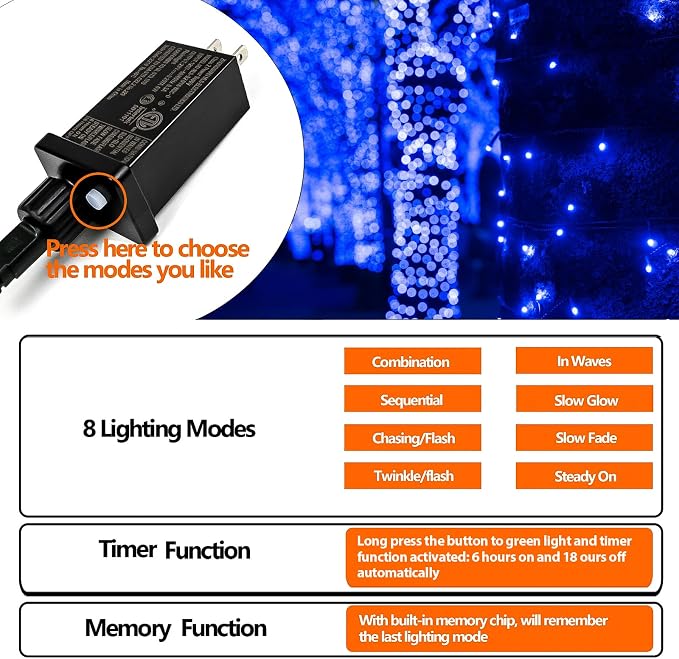 75.8 FT 200 LED Blue Christmas String Lights Outdoor & Indoor, Timer & Memory - Image 8