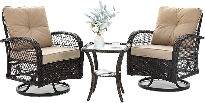3 Pieces Patio Furniture Set, Outdoor Swivel Glider Rocker, Wicker Patio Bistro by VonzoyHome