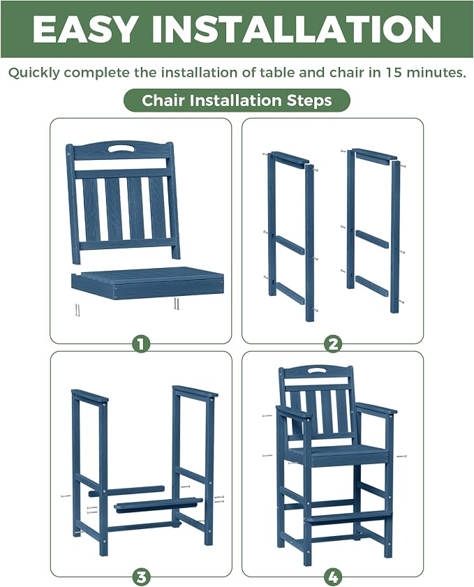 HDPE Outdoor Patio Tall Bar Chair, All-Weather Bar Height Balcony Adirondack - Image 5