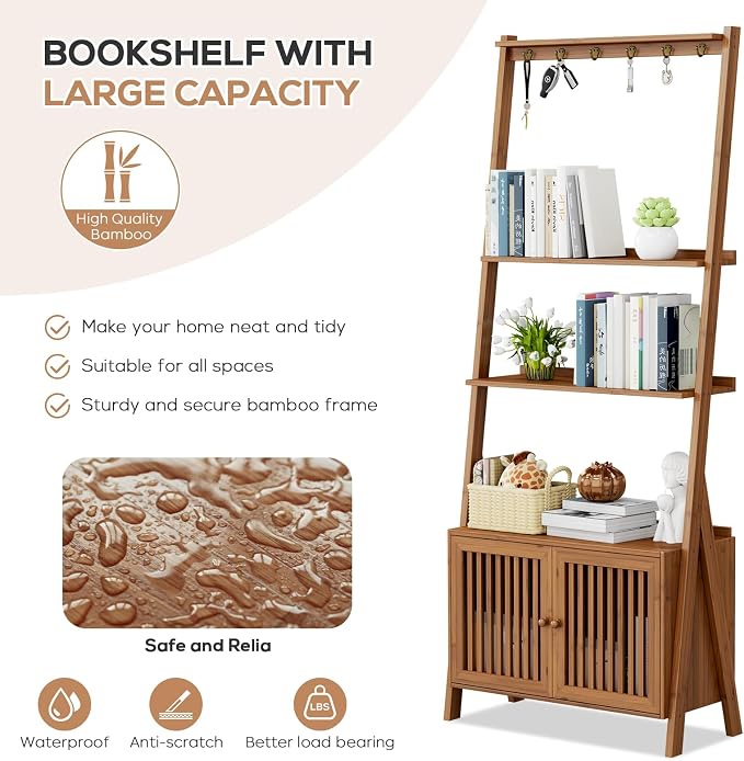 Bookcase with Drawers, 4-Tier Bamboo Bookshelf Ladder Shelf with 6 Hooks - Image 3