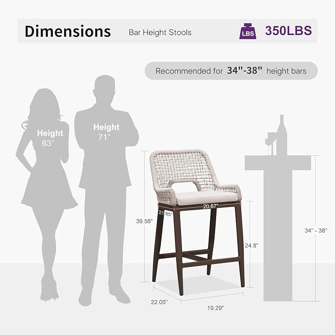PURPLE LEAF Counter Height Bar Stools Set of 2 Outdoor Bar Chair - Image 2