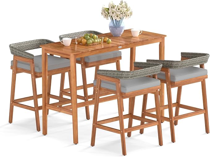 Tangkula 5 Piece Patio Bar Set, Outdoor Acacia Wood Counter Height Table by TANGKULA