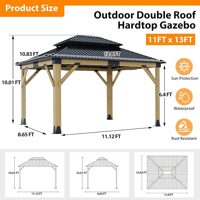 11x13FT Wood Gazebo, Outdoor Wooden Gazebo - Image 6