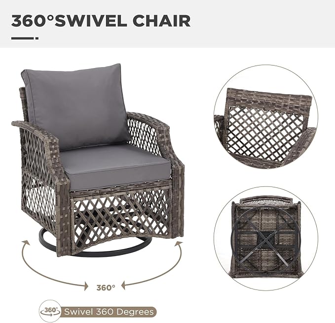 HOMREST 3 Piece Outdoor Swivel Chair Set, Wicker Patio Bistro Set - Image 4