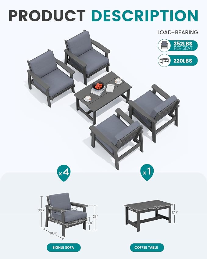 SERWALL Outdoor Patio Furniture Set, 5 Piece HDPE Patio Conversation Sets - Image 2