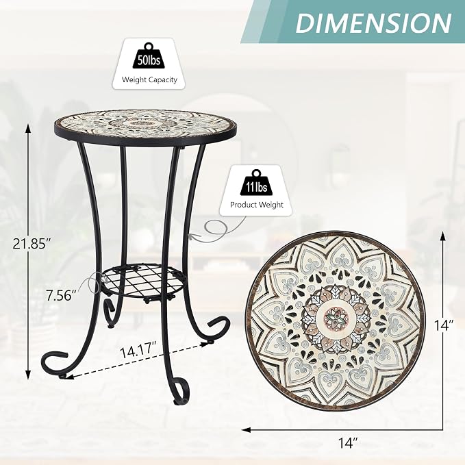 VCUTEKA Outdoor Side Table Mosaic Patio Table Accent Tables Mosaic Tile Top - Image 3