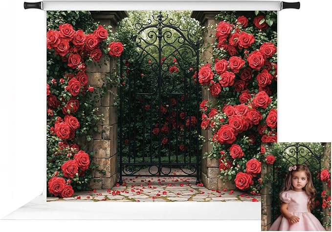 Kate Valentine's Day Gate Backdrop Valentine Red Roses Garden Background by KateBackdropforPhotography