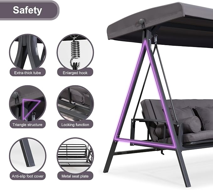PURPLE LEAF Outdoor Patio Porch Swing Adjustable Backrest, 3-seat Swing Chair - Image 5