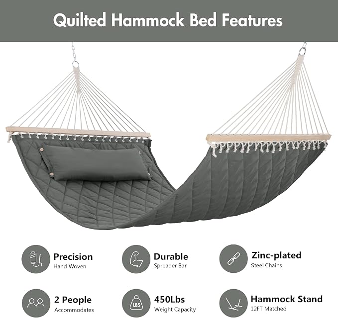 ANOW 2 Person Hammock with Spreader Bars and Detachable Pillow, Quilted Hammock - Image 3