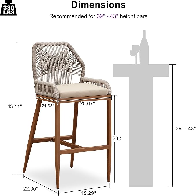 PURPLE LEAF Patio Sunbrella Bar Stools 28" H Set of 2 Handwoven Wicker Bar - Image 2