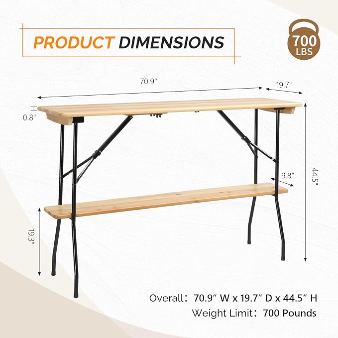 VINGLI 70-Inch 2-Tier Wooden Folding Table, Folding Picnic Table - Image 3