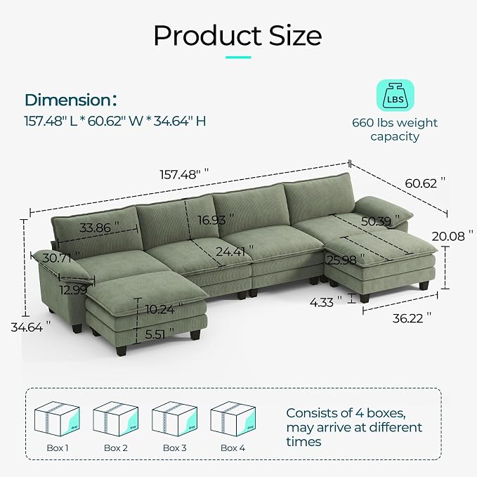 LINSY HOME 157'' Modular Sectional Sofa Green Couch Corduroy Cloud Couches - Image 2