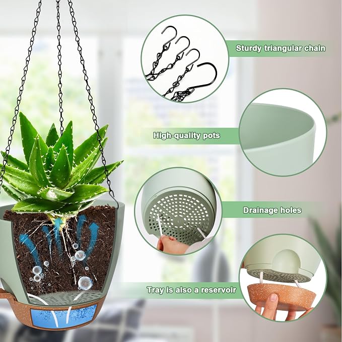 3 Pack Hanging Planter Indoor Outdoor Flower Pots 7/6.5/5 Inch, Self-Watering - Image 2
