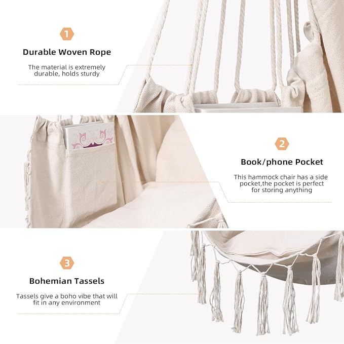 Goutime Hammock Chair, Hanging Rope Ceiling Swing - Image 3