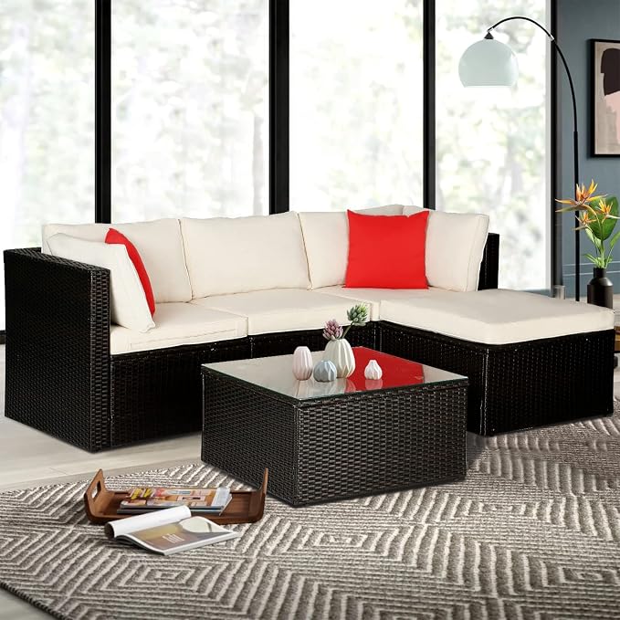 5 Pieces Patio Furniture Sets Outdoor Furniture Patio Sofa Wicker Sectional - Image 7