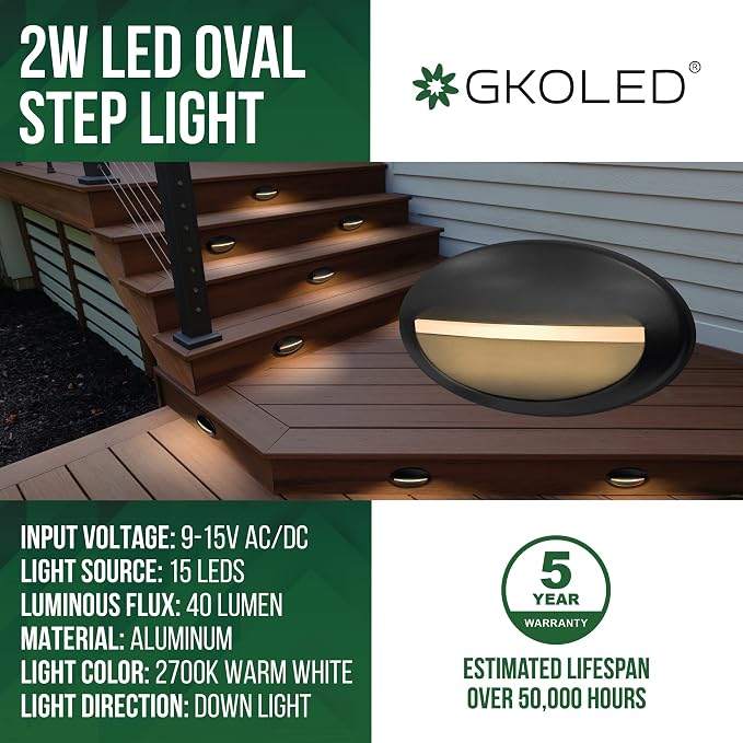 GKOLED 2-Pack Low Voltage LED Oval Riser Step Light, Landscape Stair Lights - Image 2