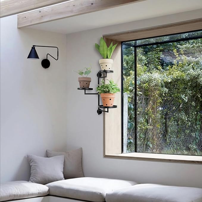 Rotating Window Wall Plant Shelves Stand Holder, 3 Tiered Metal Floating Plant - Image 7