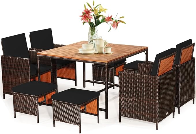 Tangkula 9 Pieces Acacia Wood Patio Dining Set, Space Saving Wicker Chairs and by TANGKULA