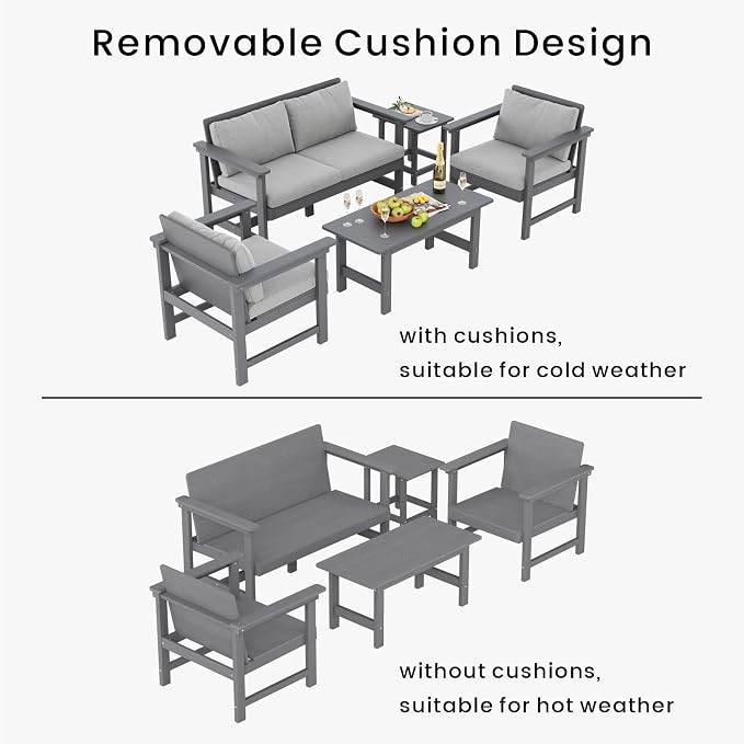 5-Piece Patio Conversation Sets, Weatherproof HDPE Sectional Furniture Set - Image 4