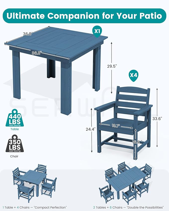 SERWALL Outdoor Dining Set for 4, HDPE Square Table and Chairs Set All Weather - Image 2