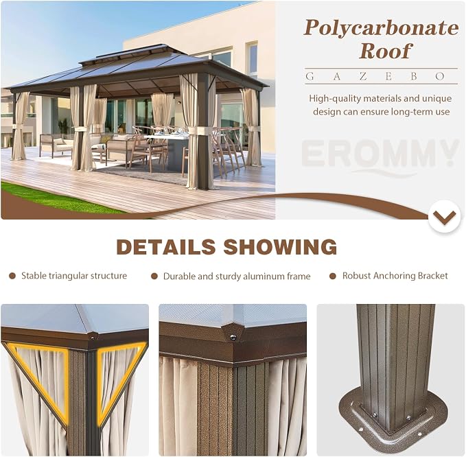 EROMMY 12' x 20' Gazebo Polycarbonate Double Roof Canopy - Image 6