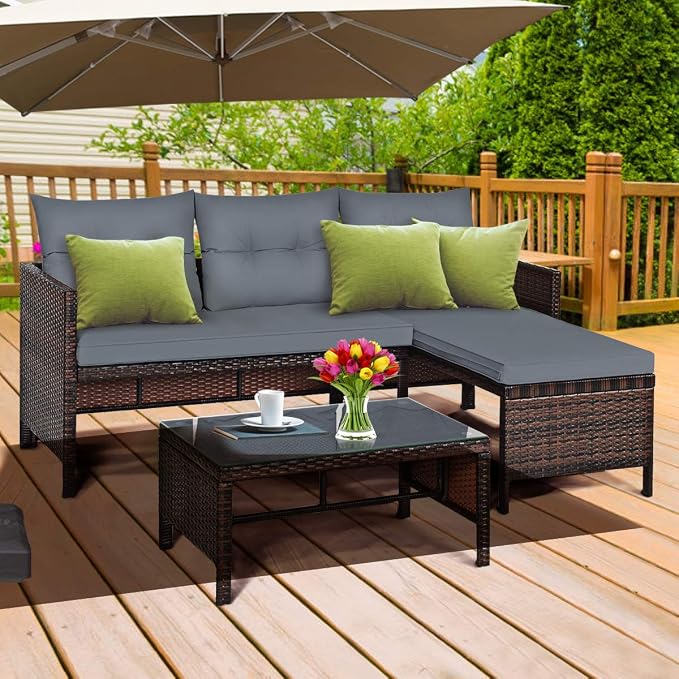 Tangkula Patio Corner Sofa Set 3 Piece, Outdoor Rattan Sofa Set, Includes - Image 2