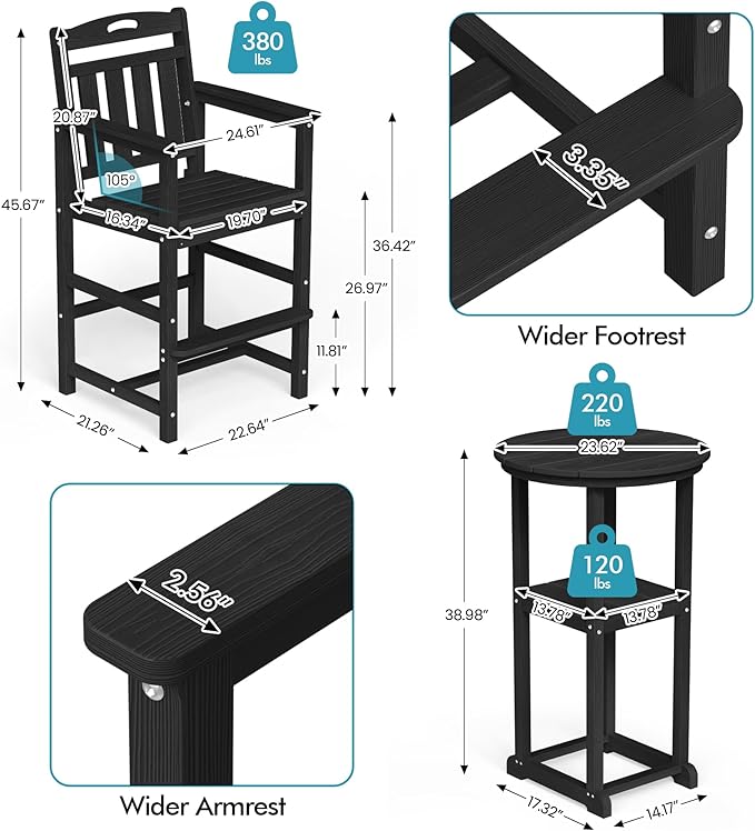 Ciokea 3-Pcs Bistro Table and Chairs, All-Weather Round High Top Bar Table - Image 3
