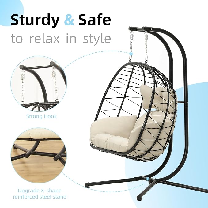 Double Egg Chair with Stand Hammock Swing Chair Foldable Hanging Loveseat - Image 2