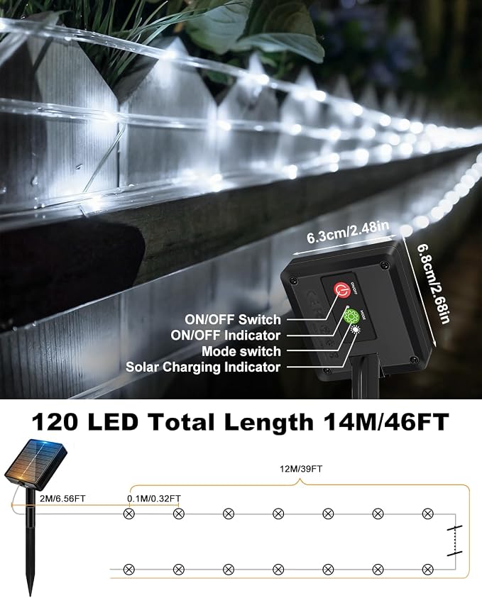 btfarm Solar Rope Lights Outdoor, 120LED 46FT Solar String Lights Outside - Image 5