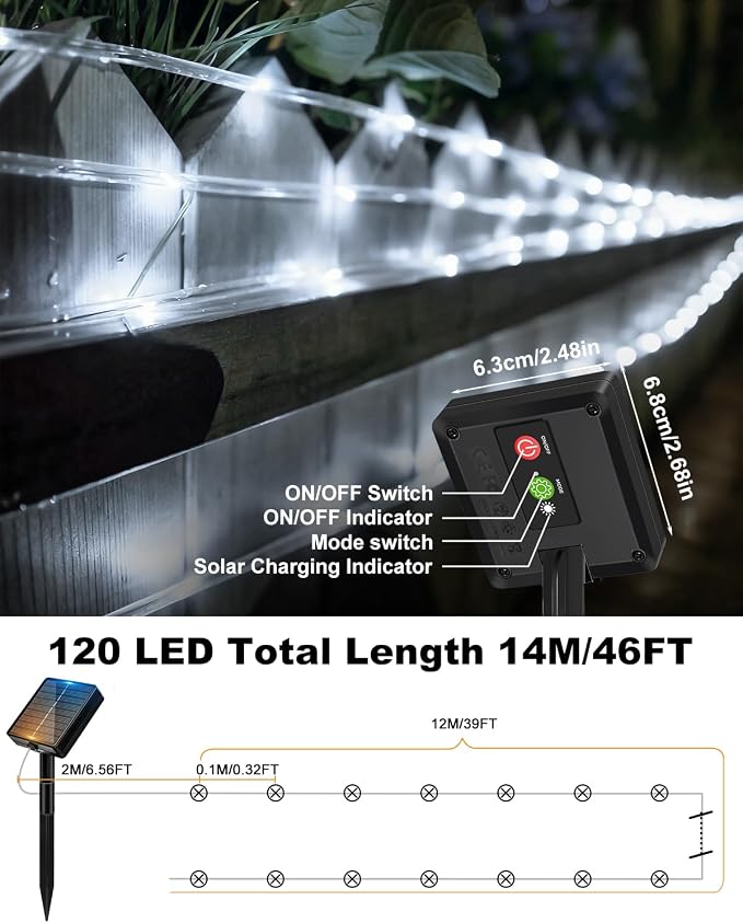 btfarm 2 Pack Solar Rope Lights Outdoor, 120LED 46FT Solar String Lights - Image 5