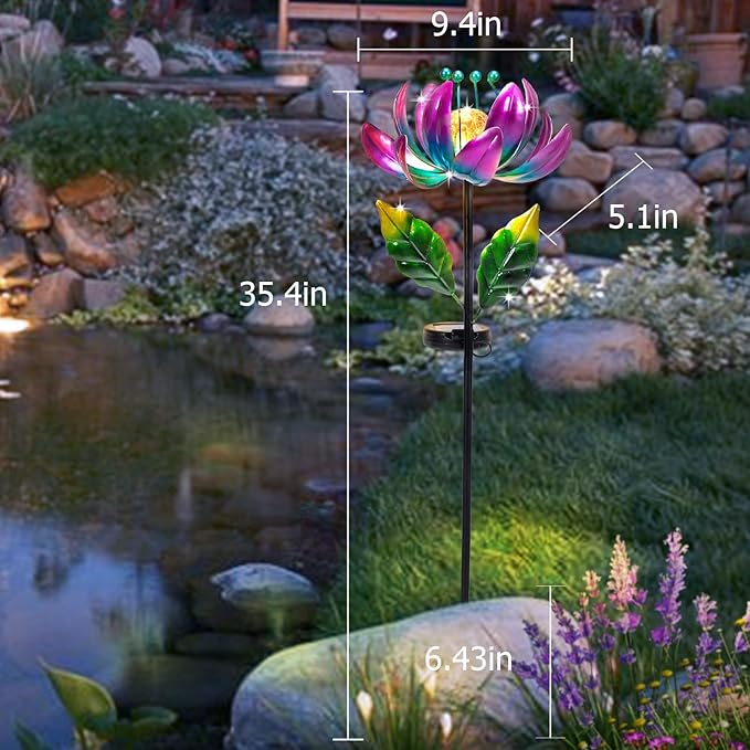 Solar Purple Metal Flower Wind Spinners, Colorful Spinning Windmill Lotus Yard - Image 4
