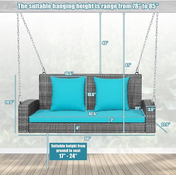 DORTALA Hanging Porch Swing, 2-Person Outdoor Wicker Swing Chair Bench - Image 6