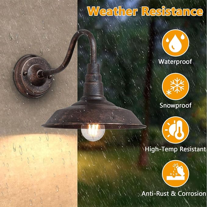 2-Pack Outdoor Gooseneck Barn Light 10" Retro Exterior Wall Light Iron Art Dome - Image 3